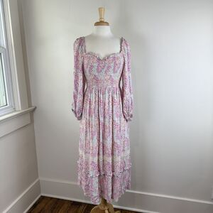 Smocked Floral Rayon Sweetheart Maxi Dress, Cottagecore Boho Prairie Romantic, M